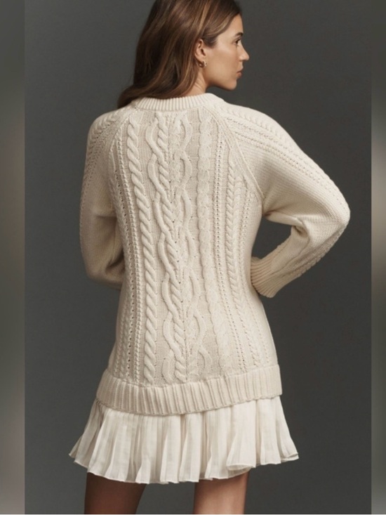 Ivory Cable-Knit Sweater Mini Dress with Pleated Hem - Picture 2 of 12